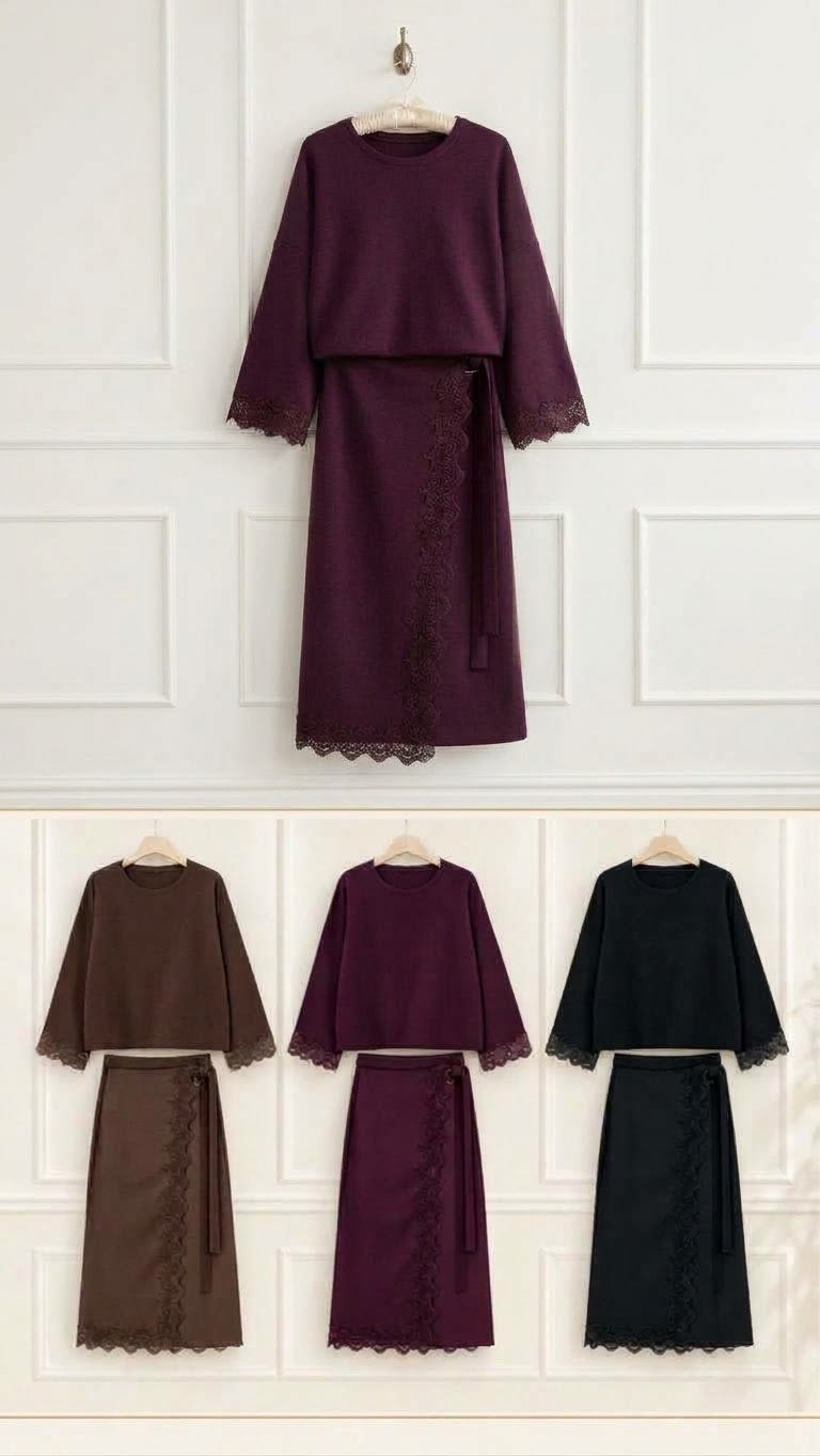 Completo Due Pezzi Top in Maglia e Gonna in Similpelle con Pizzo